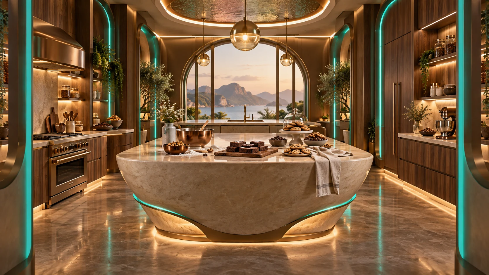 A warm pastry kitchen with a sculptural stone island, chocolate treats and turquoise lighting