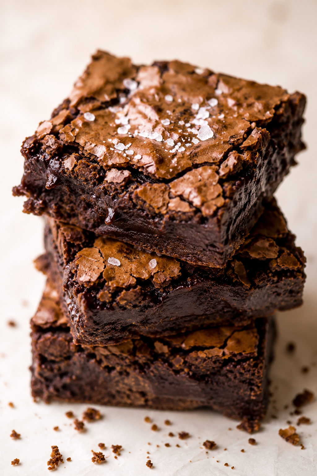 Fudgy chocolate brownies with crackly tops stacked on a plate