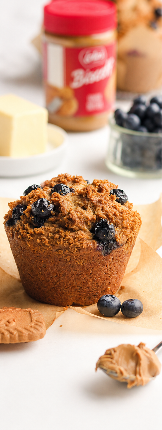 Fluffy blueberry Biscoff muffins with cookie butter and crushed Biscoff cookies