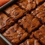Fudgy pumpkin-spice brownie bars in a bar pan, with a slightly crackled top and optional chocolate chunks