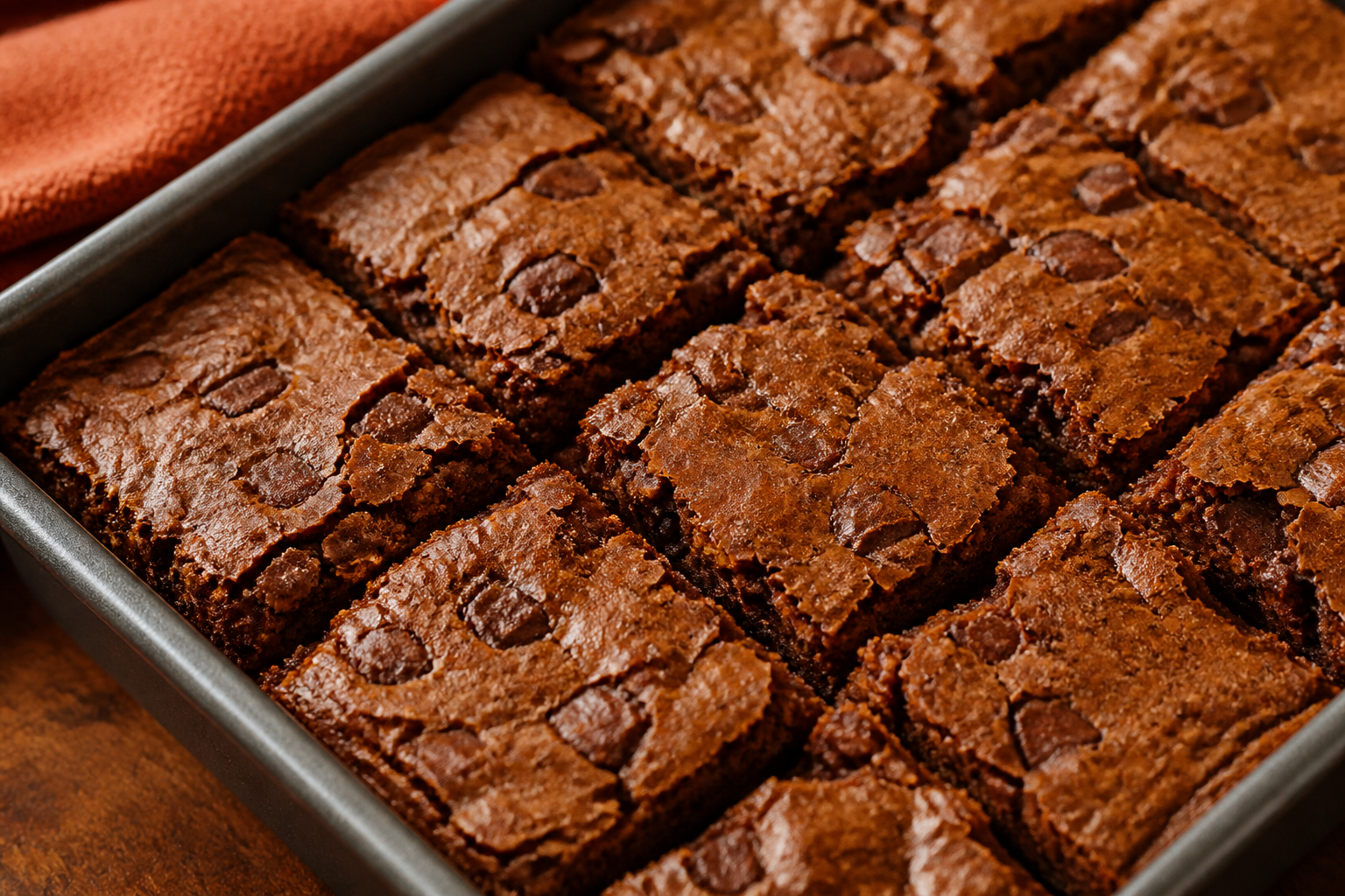 Fudgy pumpkin-spice brownie bars in a bar pan, with a slightly crackled top and optional chocolate chunks