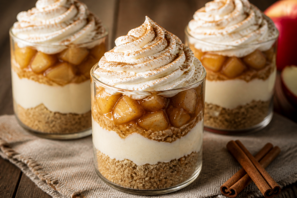 No-bake apple pie cheesecake parfaits layered in cups with crumb crust and whipped topping