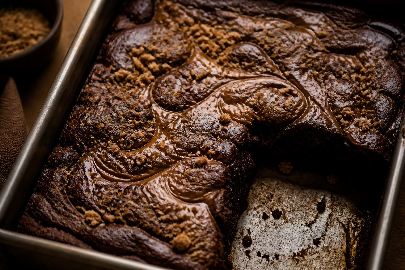 Dirty chai brown-butter brownies with caramel swirl and toasted chai crumb topping