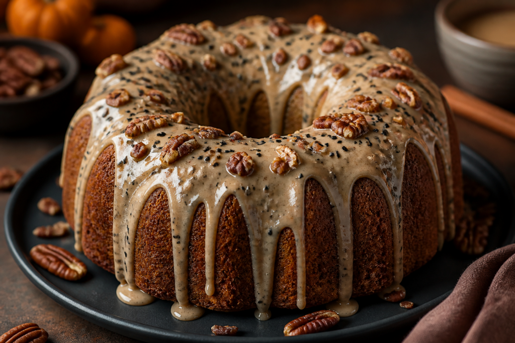 Toasted pecan chai bundt cake with glossy maple-black sesame cream cheese glaze