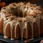 Toasted pecan chai bundt cake with glossy maple-black sesame cream cheese glaze