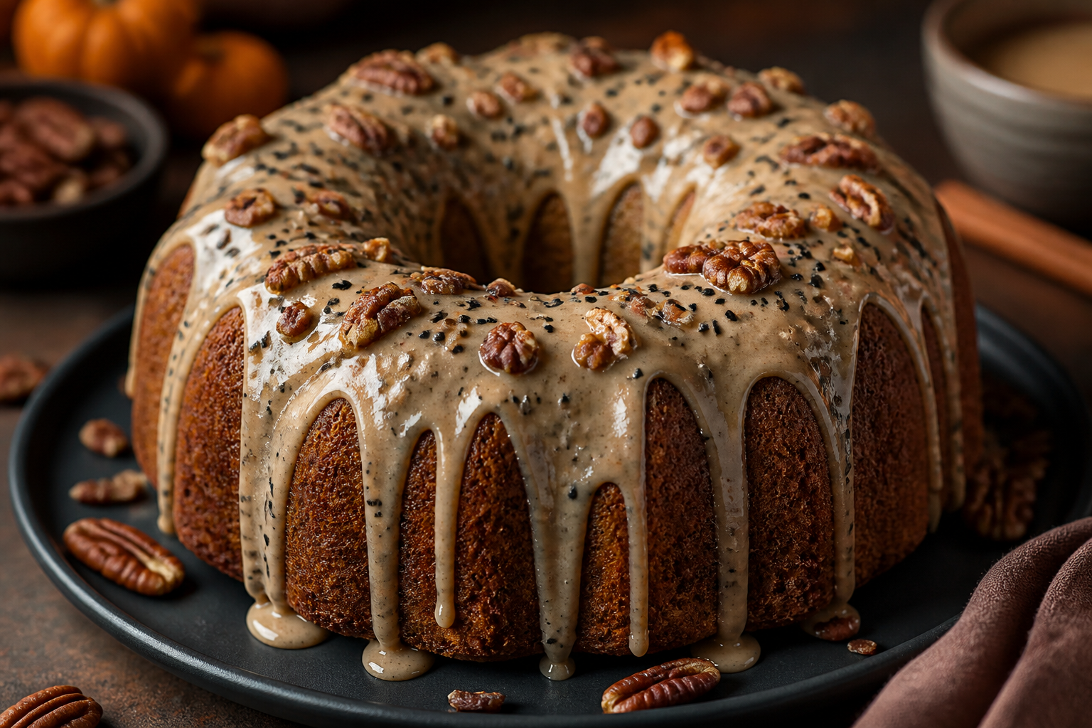 Toasted pecan chai bundt cake with glossy maple-black sesame cream cheese glaze