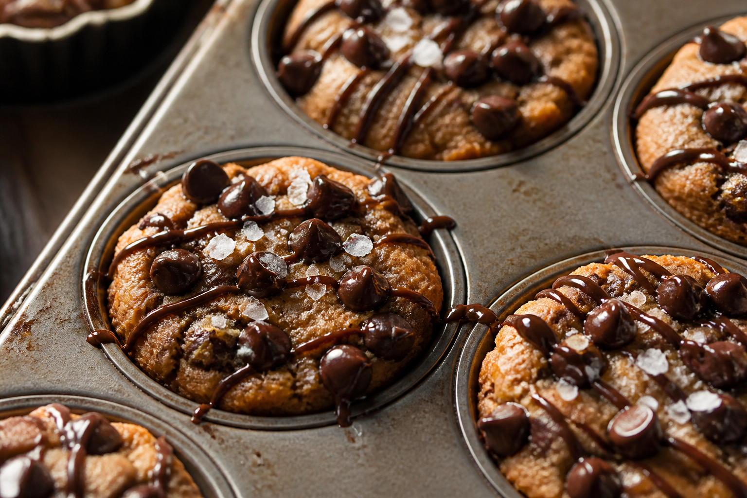 Brown butter tahini chocolate chip cookie cups in a muffin tin with glossy cocoa drizzle and flaky salt