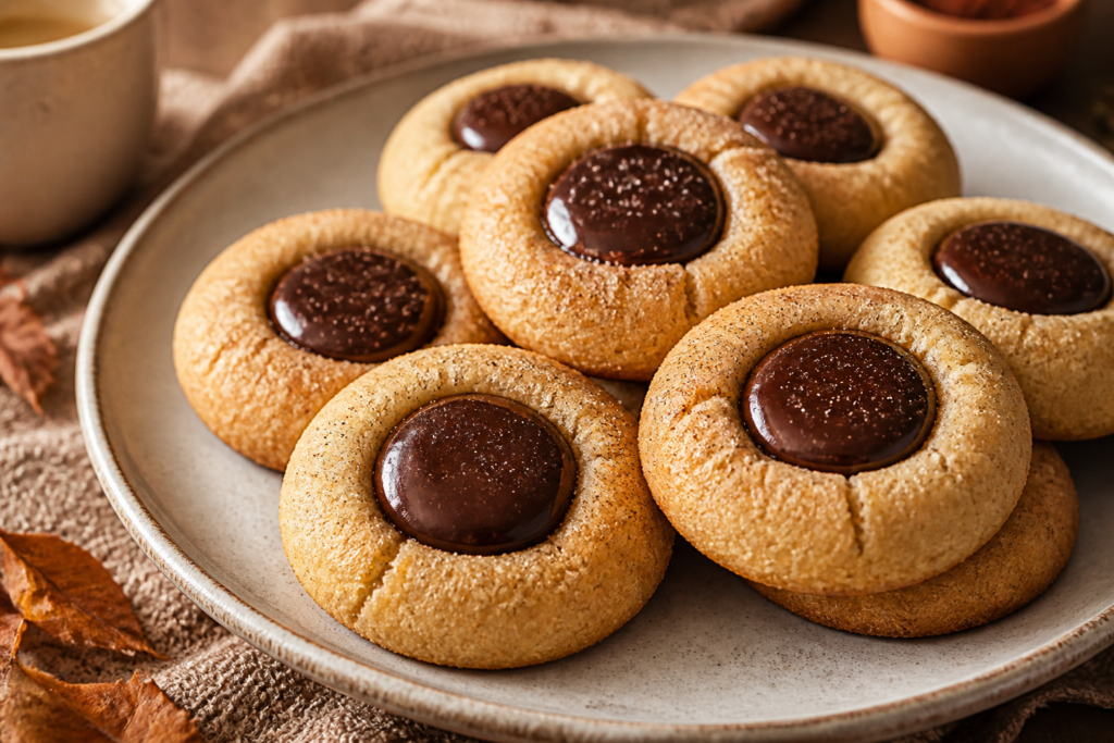 Brown butter chai latte thumbprint cookies with dark chocolate chai-mud filling and chai sugar dusting