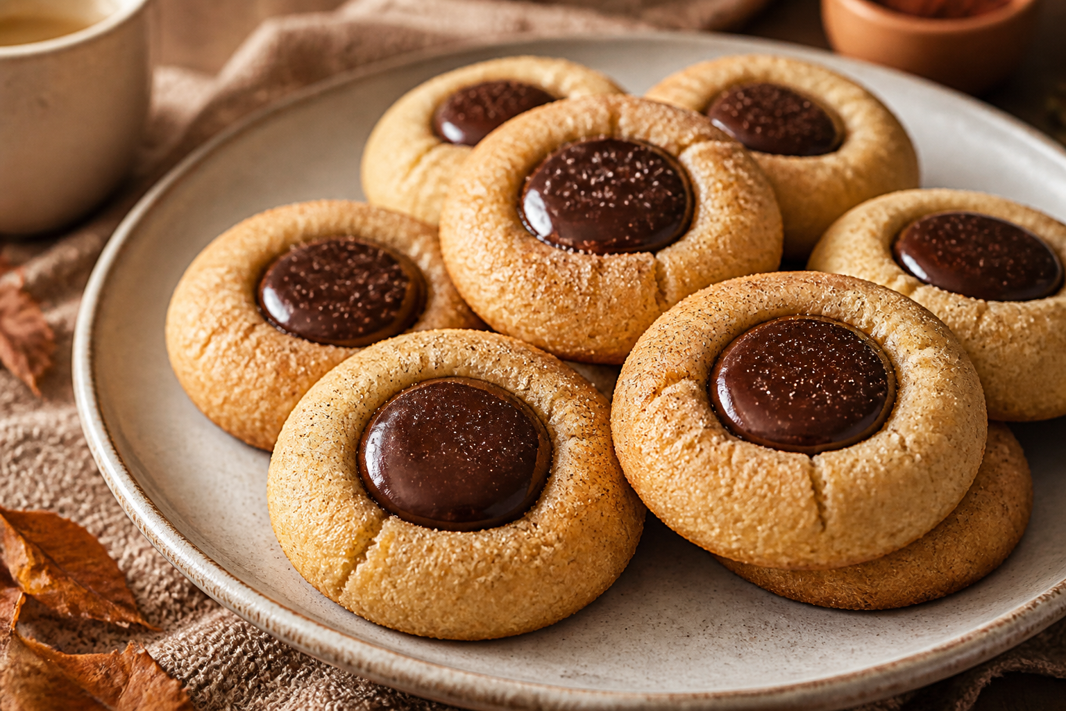 Brown butter chai latte thumbprint cookies with dark chocolate chai-mud filling and chai sugar dusting