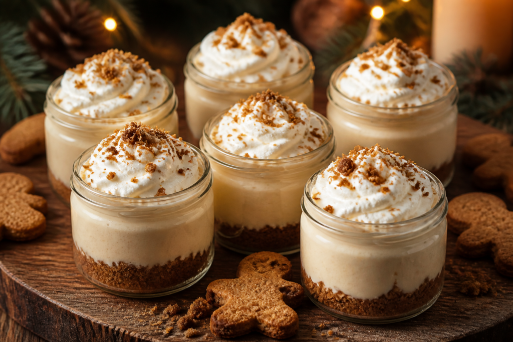No-bake gingerbread cookie butter cheesecake cups with vanilla whipped cream and gingersnap crumble