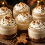 No-bake gingerbread cookie butter cheesecake cups with vanilla whipped cream and gingersnap crumble
