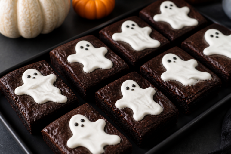 Black cocoa ghost brownies with piped marshmallow ghost tops and dot eyes