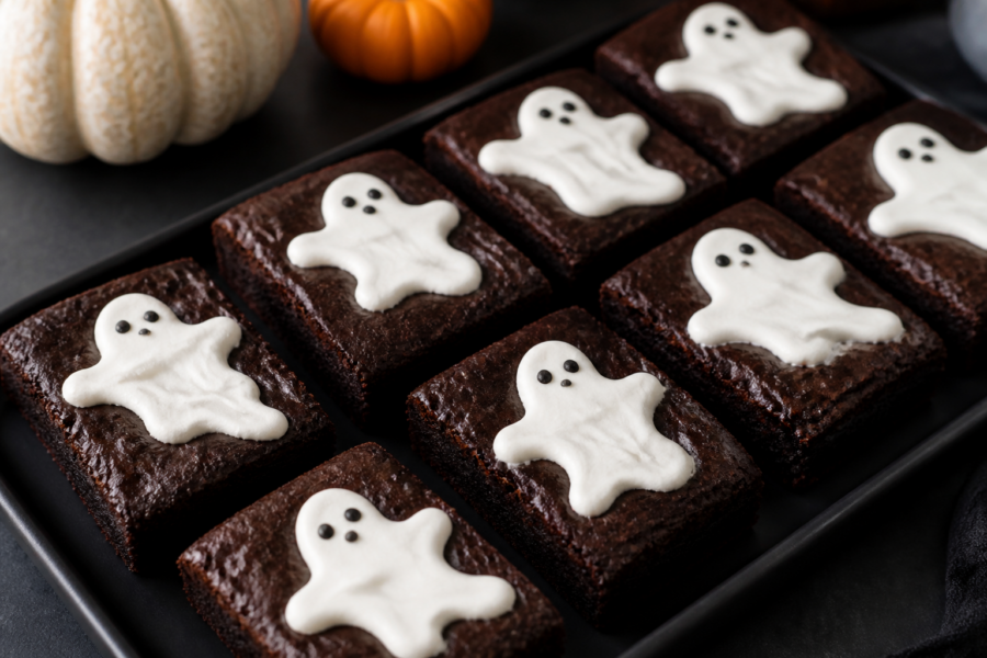 Black cocoa ghost brownies with piped marshmallow ghost tops and dot eyes