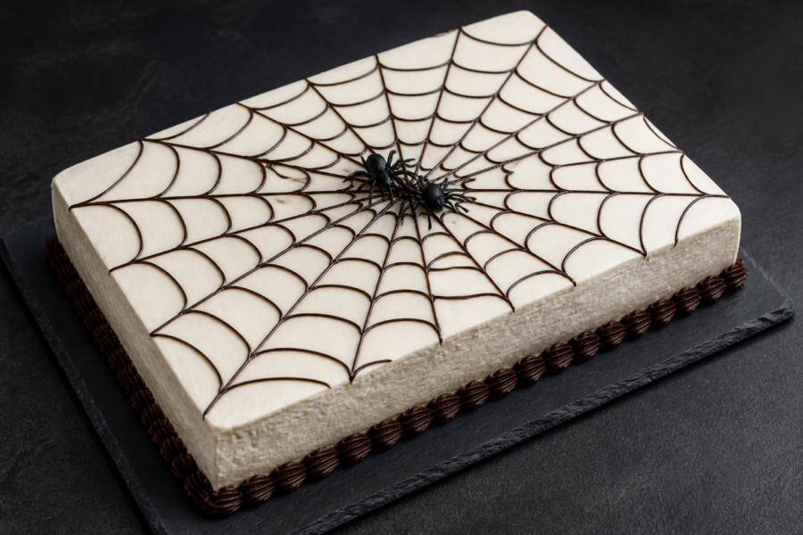 Black cocoa sheet cake with mostly white buttercream spiderweb design and candy spiders