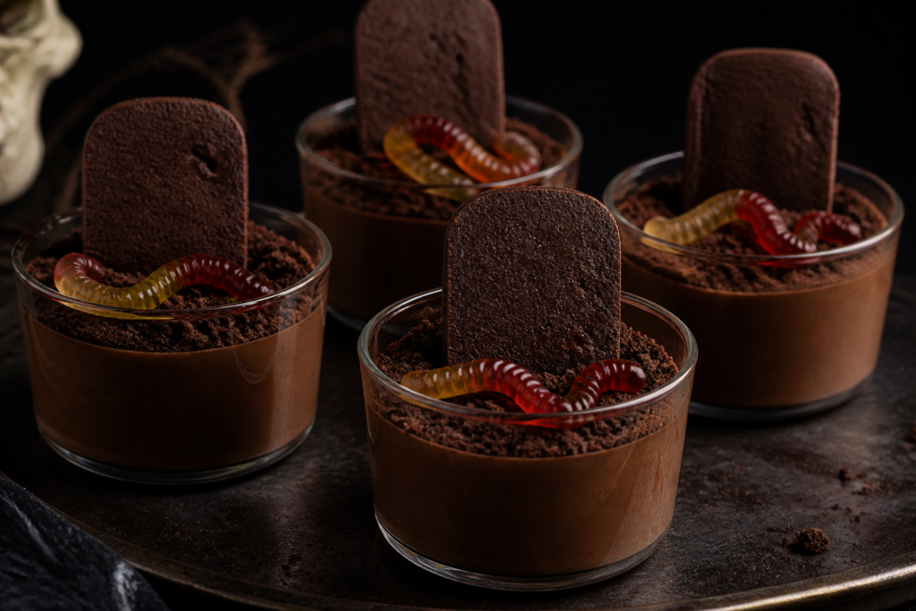 Halloween chocolate graveyard mousse cups with tombstones, cookie crumbs, and gummy worms