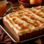 Apple cider caramel sheet cake with brown sugar cream cheese frosting and caramel drizzle