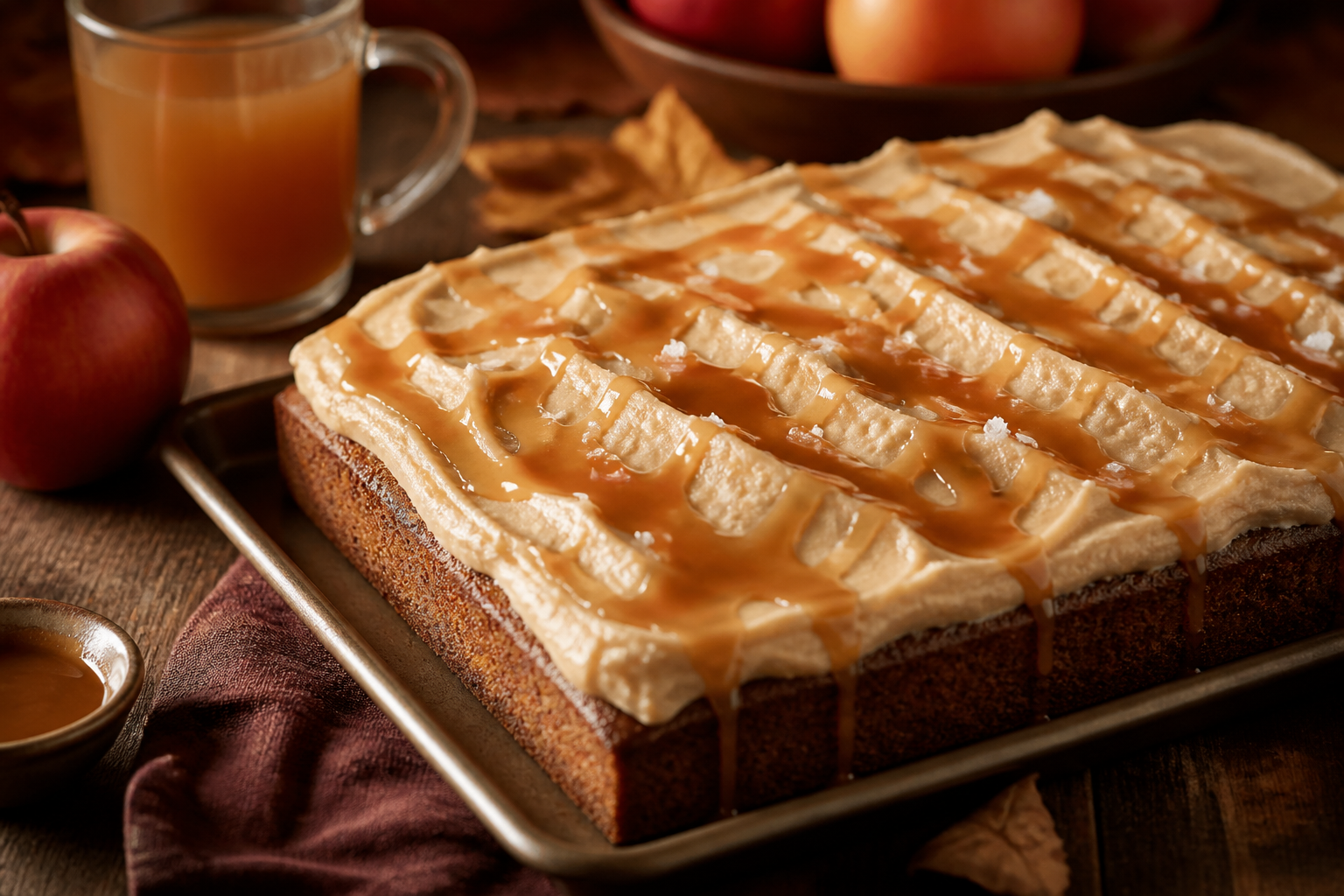 Apple cider caramel sheet cake with brown sugar cream cheese frosting and caramel drizzle