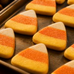 Tri-color candy corn layer sugar cookies with clean stripes and a light sugar sparkle