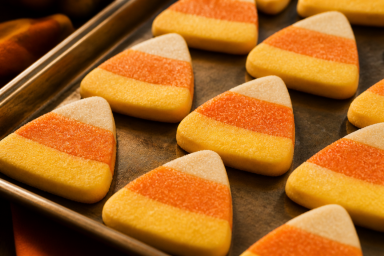 Tri-color candy corn layer sugar cookies with clean stripes and a light sugar sparkle