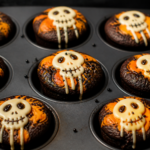 Halloween black cocoa brownie bites with orange cream cheese swirl and a simple white chocolate skull drizzle
