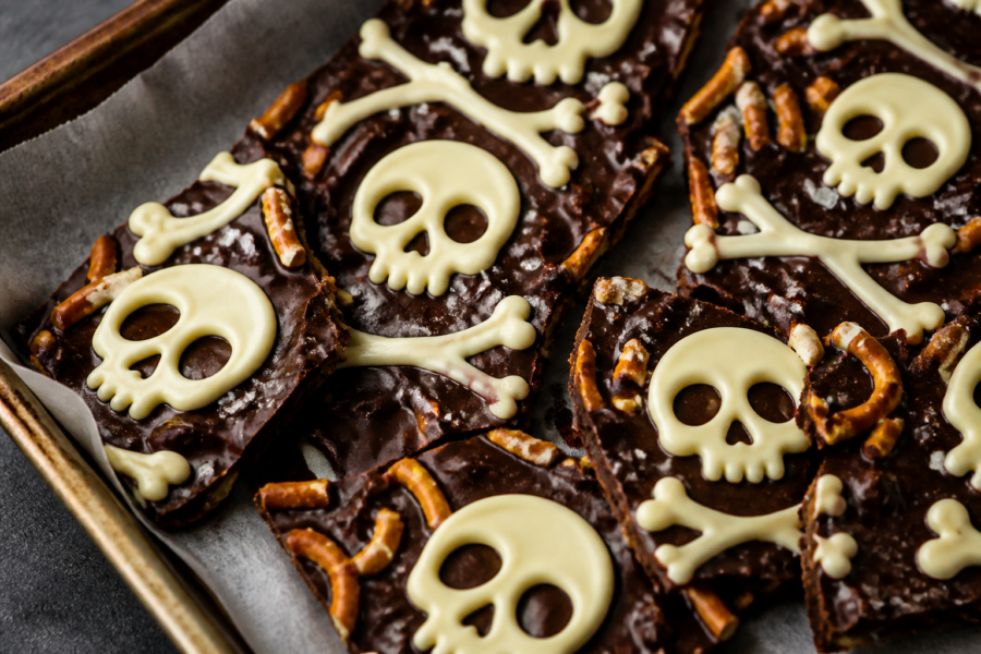 Halloween chocolate skull & bones pretzel bark: dark chocolate sheet with crushed pretzels and white chocolate skull outlines