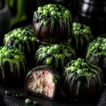 No-bake Halloween peppermint cauldron truffles with dark chocolate dip and green-black witch brew drizzle