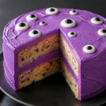 Purple buttercream Halloween monster eye cake with vanilla sprinkles and candy eyes