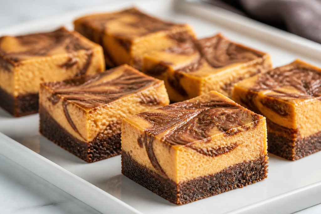 Pumpkin–chocolate swirl cheesecake bars with a chocolate cookie crust, sliced into neat squares.