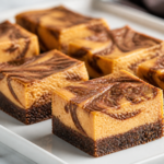 Pumpkin–chocolate swirl cheesecake bars with a chocolate cookie crust, sliced into neat squares.