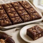 Fudgy chocolate date brownies with toasted walnuts, glossy tops and visible date pockets