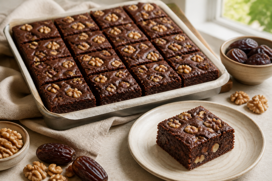 Fudgy chocolate date brownies with toasted walnuts, glossy tops and visible date pockets