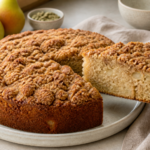 Pear cardamom crumb cake with brown sugar streusel on a plate