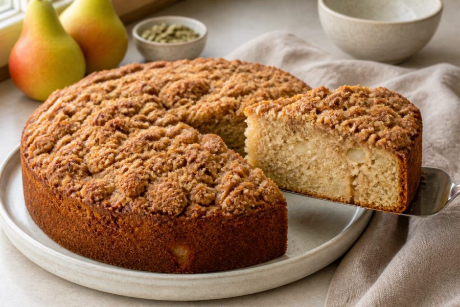 Pear cardamom crumb cake with brown sugar streusel on a plate