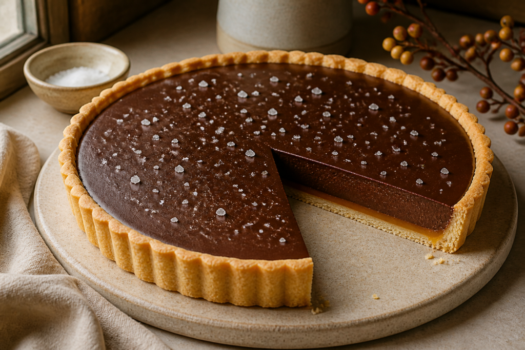 Salted caramel espresso chocolate tart with glossy ganache on crisp shortbread crust