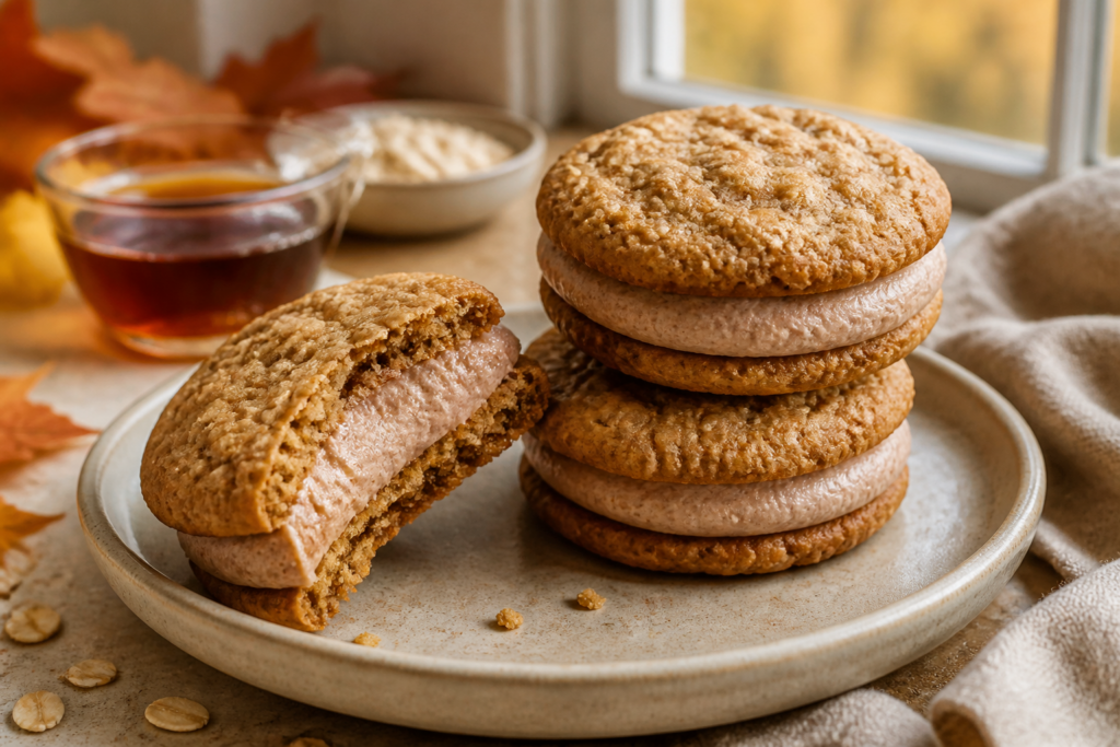 Soft maple oatmeal sandwich cookies with cinnamon filling, stacked on a rustic plate with a subtle maple sheen.