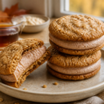 Soft maple oatmeal sandwich cookies with cinnamon filling, stacked on a rustic plate with a subtle maple sheen.