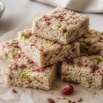 No-bake pistachio raspberry crunch bars with a glossy white chocolate layer and bright raspberry flecks