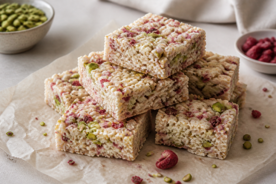 No-bake pistachio raspberry crunch bars with a glossy white chocolate layer and bright raspberry flecks