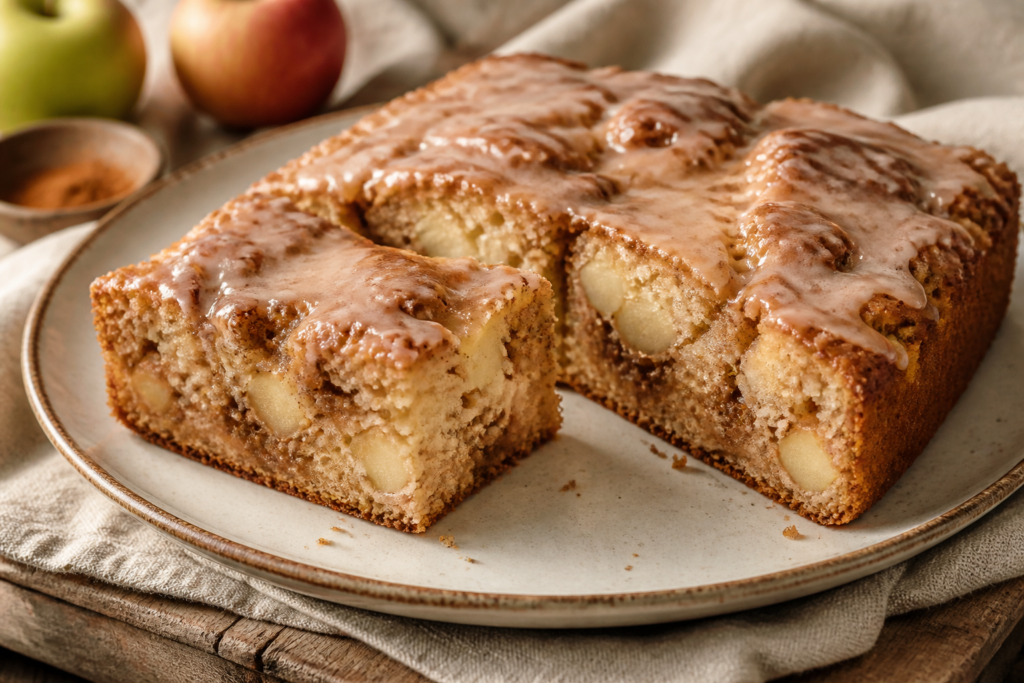 Sliced apple fritter cake with brown butter vanilla glaze and visible apple pockets and cinnamon swirls