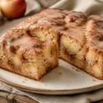 Sliced apple fritter cake with brown butter vanilla glaze and visible apple pockets and cinnamon swirls