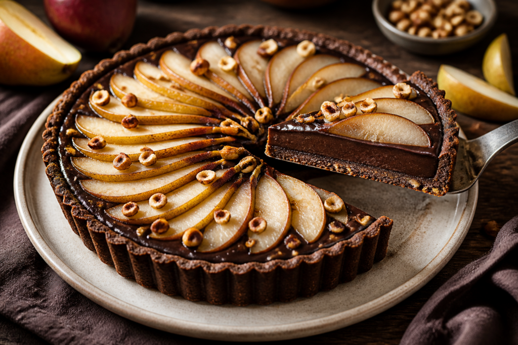 A slice of dark chocolate pear tart showing hazelnut crust, glossy chocolate filling, and fanned pear slices