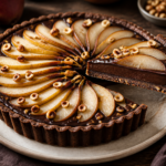 A slice of dark chocolate pear tart showing hazelnut crust, glossy chocolate filling, and fanned pear slices