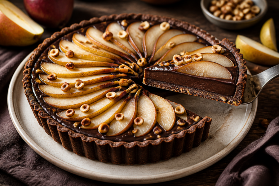 A slice of dark chocolate pear tart showing hazelnut crust, glossy chocolate filling, and fanned pear slices