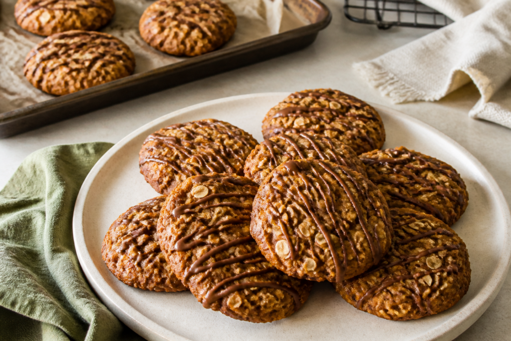 Finished soft pumpkin oatmeal cookies with espresso glaze, craggy tops and visible oats