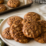 Finished soft pumpkin oatmeal cookies with espresso glaze, craggy tops and visible oats