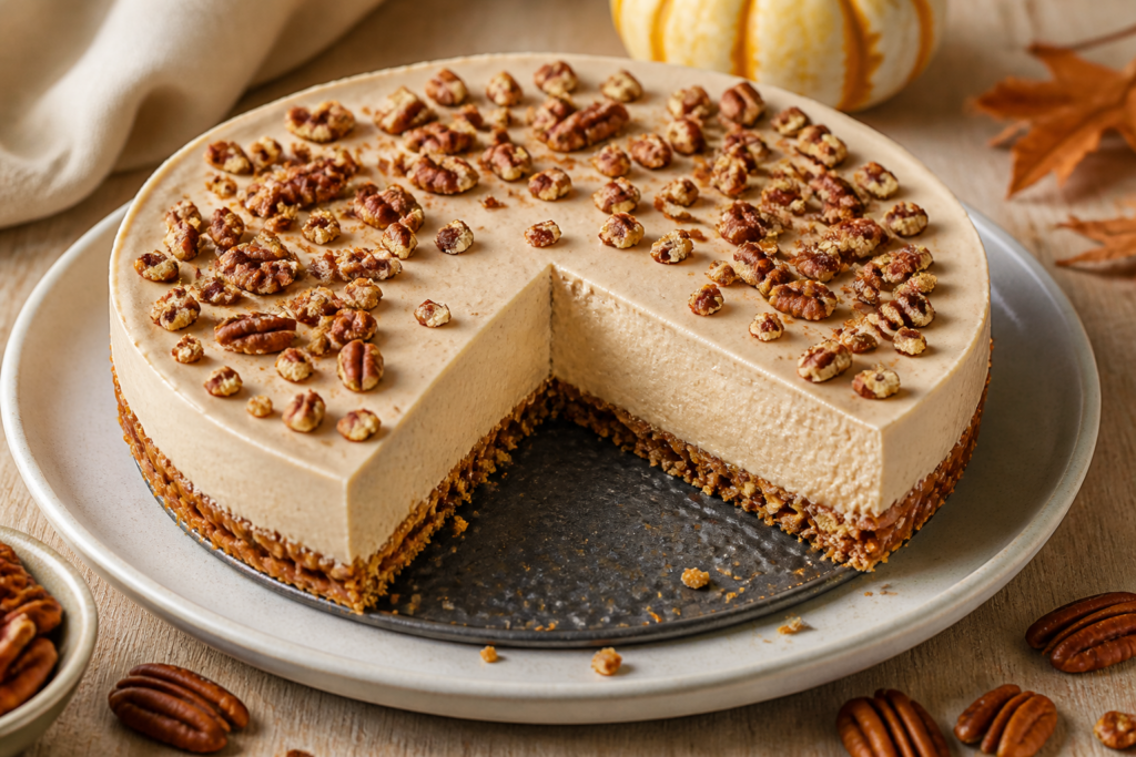 Finished no-bake maple pecan cheesecake tart with a clean slice and toasted pecans
