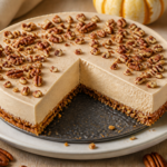 Finished no-bake maple pecan cheesecake tart with a clean slice and toasted pecans