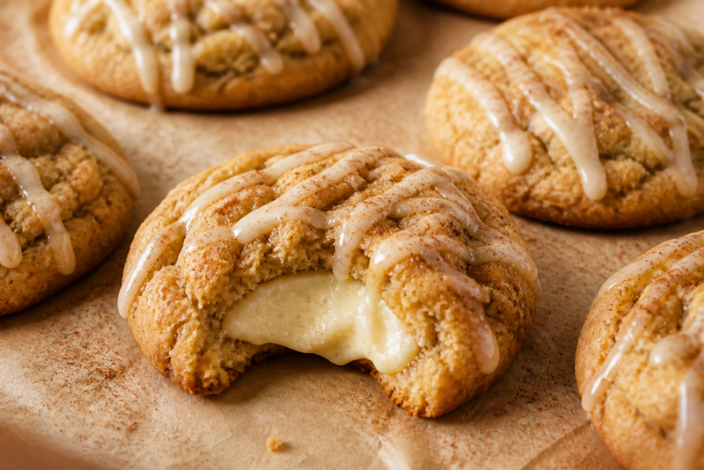 Apple cider cheesecake stuffed cookies with vanilla filling and a light cider glaze