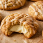 Apple cider cheesecake stuffed cookies with vanilla filling and a light cider glaze