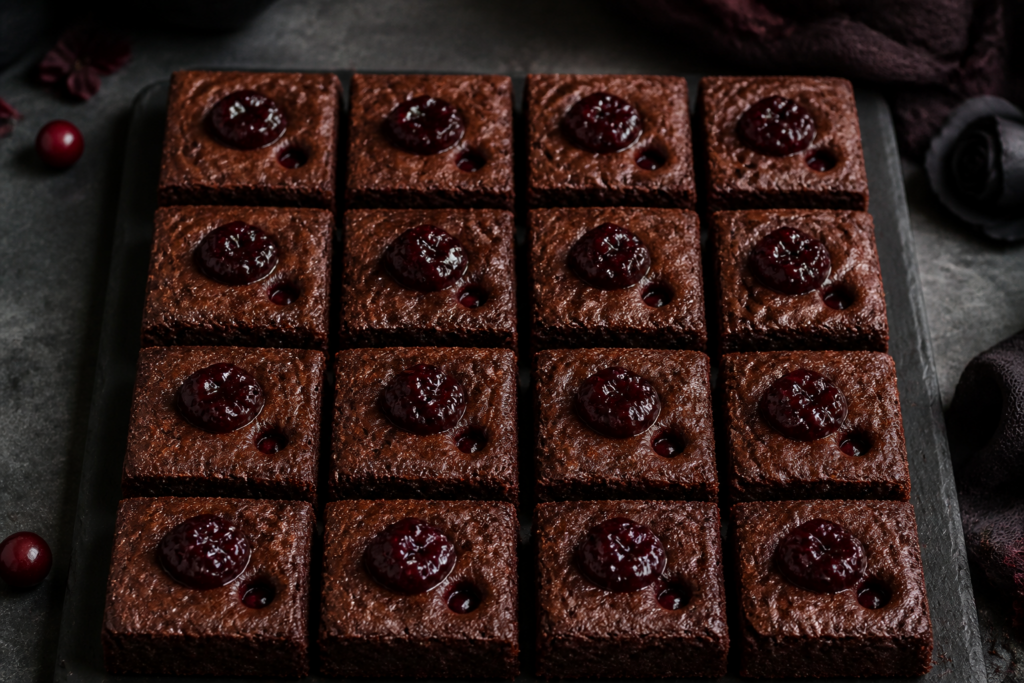 Vampire bite black cherry brownies with dark fudgy squares and ruby puncture filling